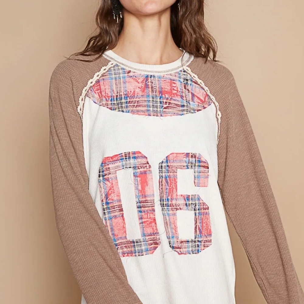 P103 NWT POL Mocha Brown Raglan Long Sleeve Top Plaid Accents Ribbed Sm Md Lg - Picture 2 of 8